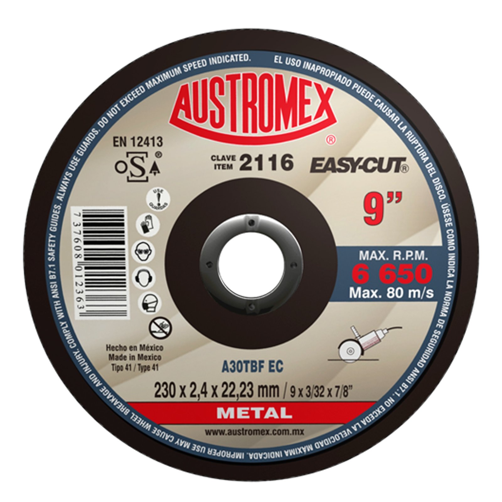 Disco de corte de metal 230 mm uso general — Austromex clave 2116