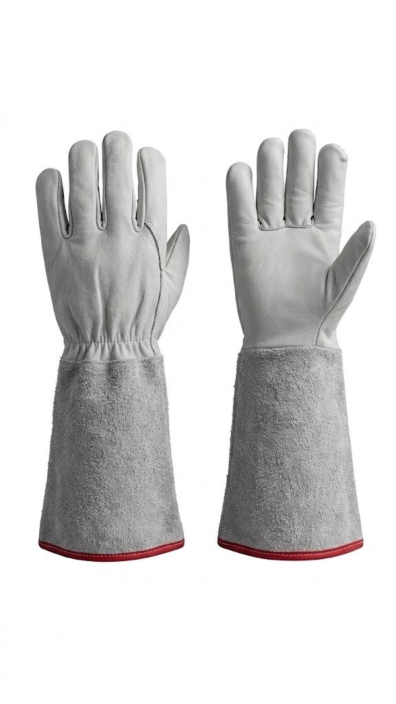 Guante Linero Puño Largo, guante de cuero blanco perla con puño gris — GAH Industrial