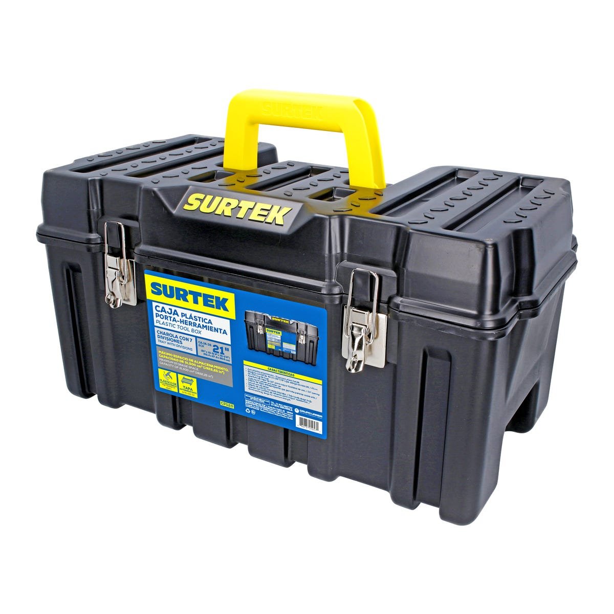 Caja portaherramientas plástica con broches metálicos color negro 21" x 10" x 10" Surtek CPS20